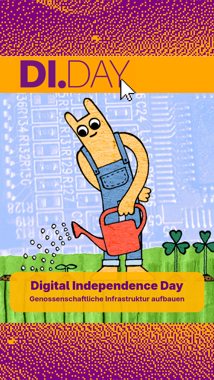 Hostsharing-Maskottchen gießt, als Gärtner gekleidet, Blumen. Text: DI.DAY Digital Independence Day. Genossenschaftliche Infrastruktur aufbauen.