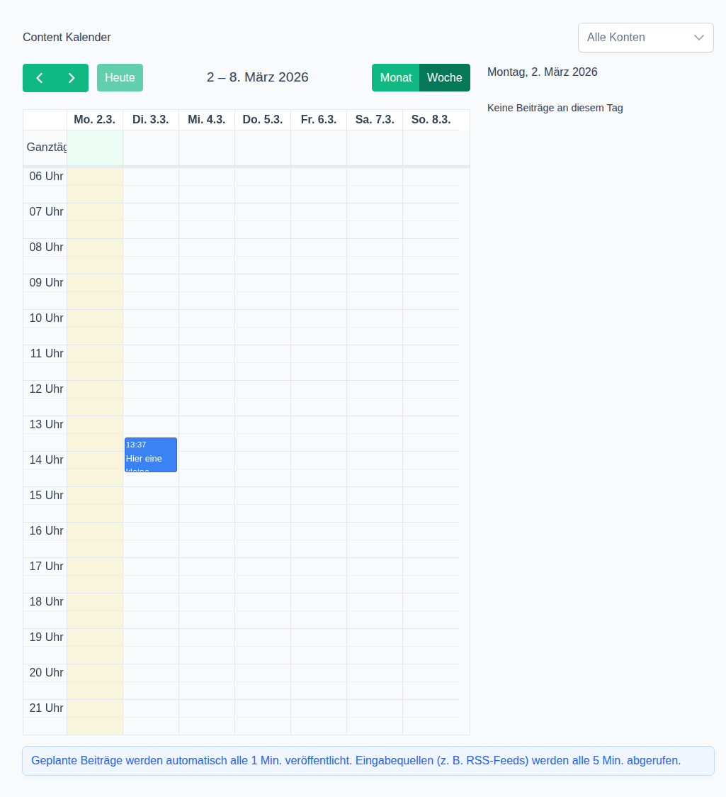 Screenshot von einer Software Anwendung. Content Kalendar Ansicht. Es ist eine Wochenansicht zu sehen mit eingetragenen Zeitpunkten für die nächsten Toots.