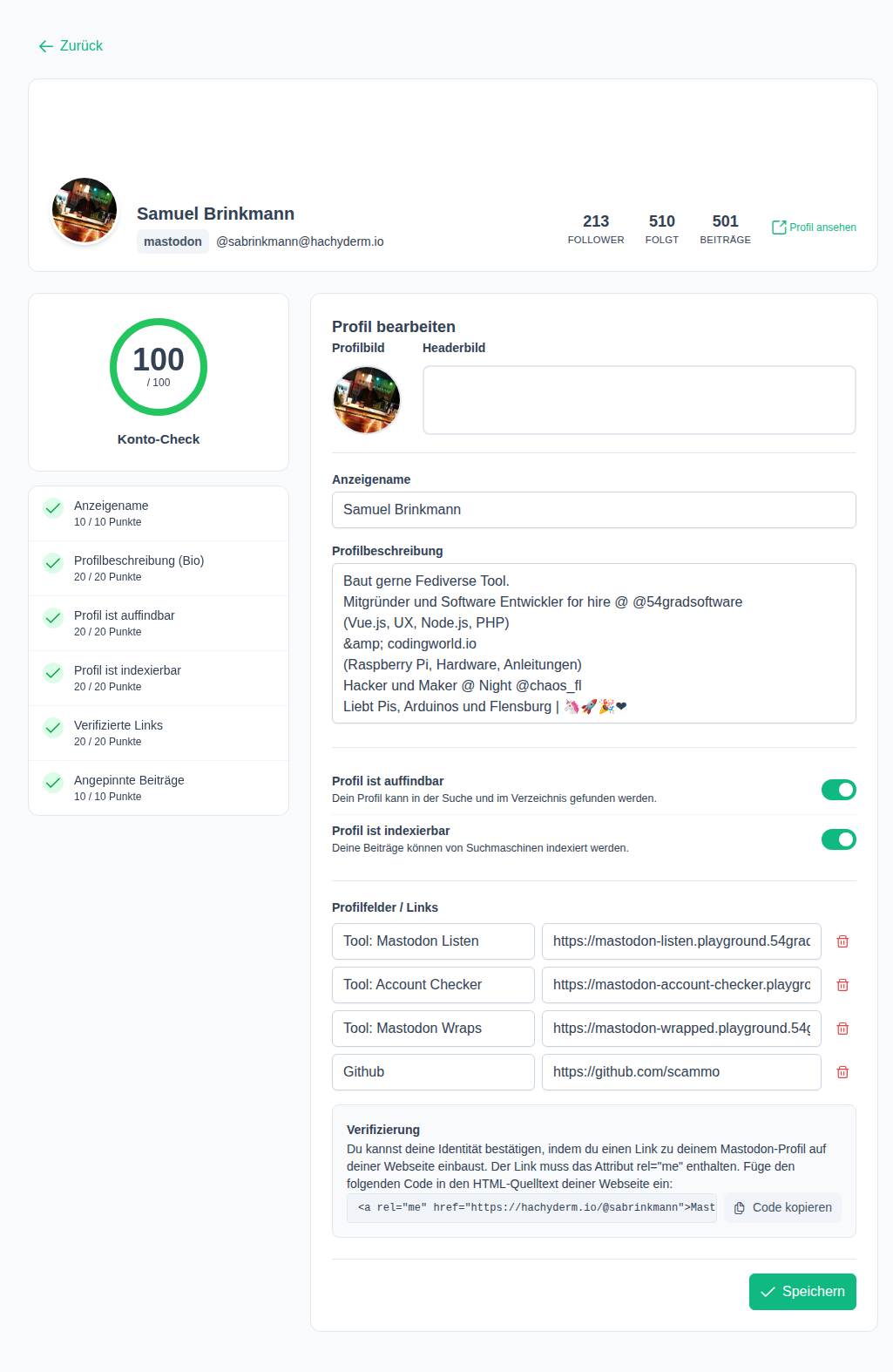 Screenshot von einer Software Anwendung. Content Profil Ansicht. Im groben sieht es so aus wie die Standard Mastodon Profil Ansicht es ist aber direkt ein Kontocheck mit eingebaut.