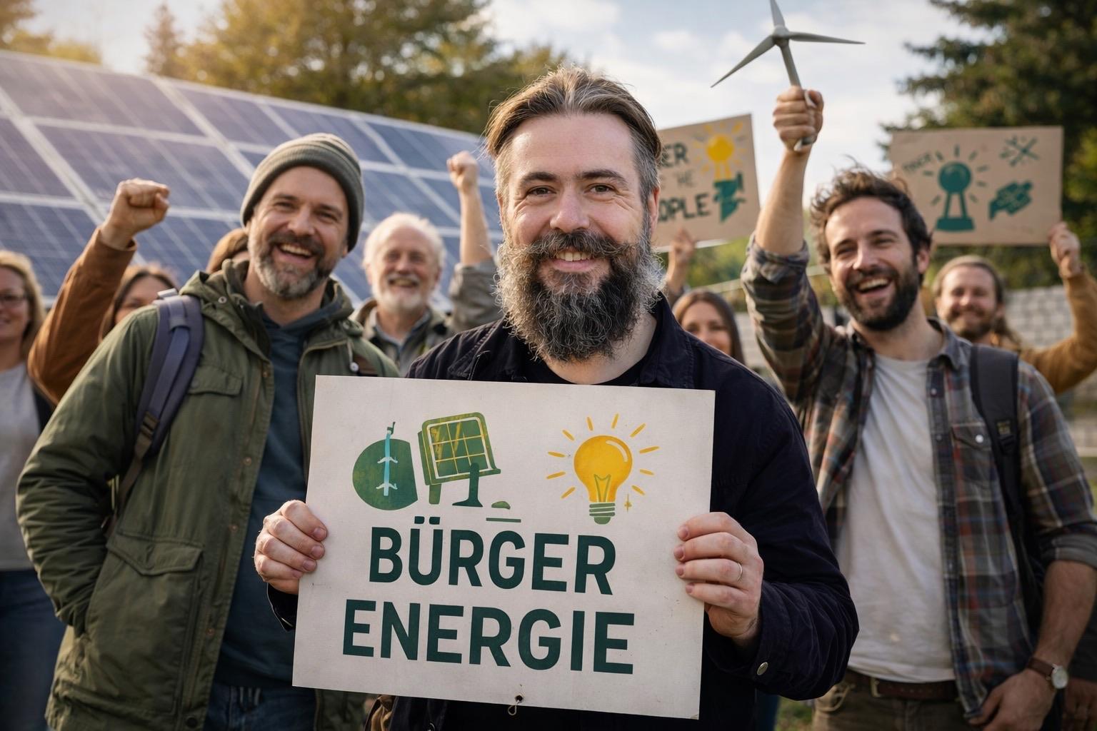 Eine Gruppe von Menschen steht draußen vor einer Solaranlage und demonstriert für erneuerbare Energien. Im Vordergrund hält ein bärtiger Mann ein Schild mit der Aufschrift „Bürgerenergie“, während hinter ihm weitere Personen jubeln und ein kleines Windrad sowie Plakate für die Energiewende hochhalten.