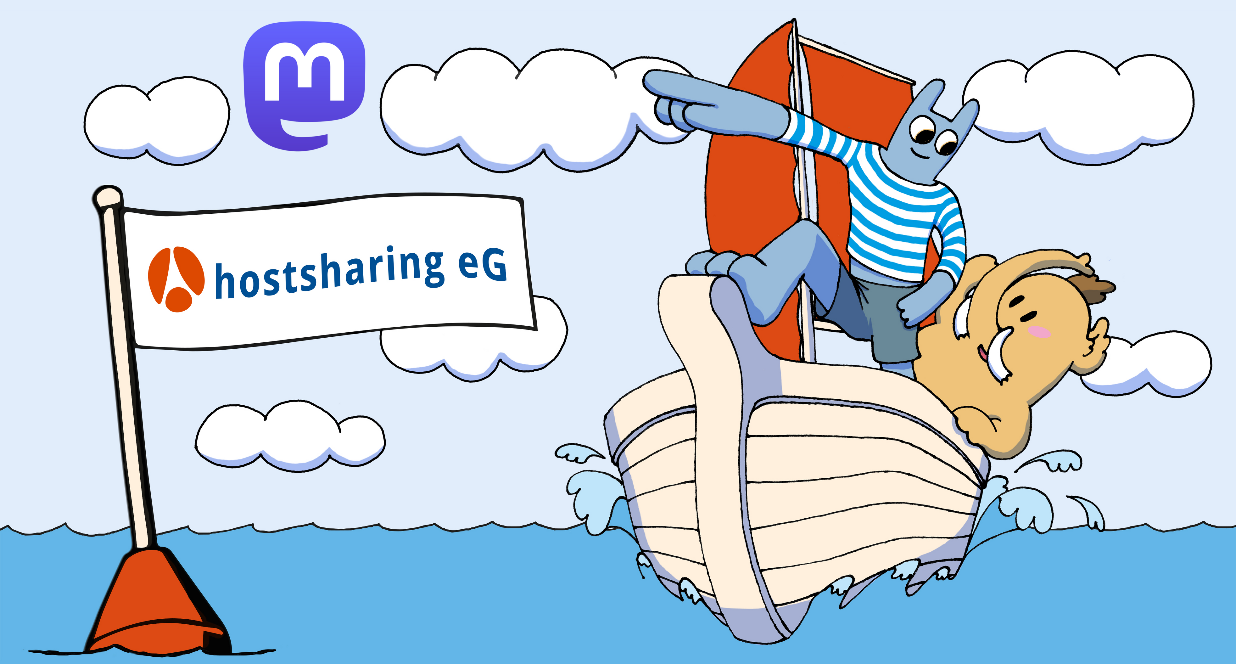 Das Hostsharing- und das Mastodon-Maskottchen segeln in einem kleinen Boot auf eine Boje mit Hostsharing Flagge zu. Das Hostsharing-Maskottchen zeigt auf das Mastodon-Logo in den Wolken.