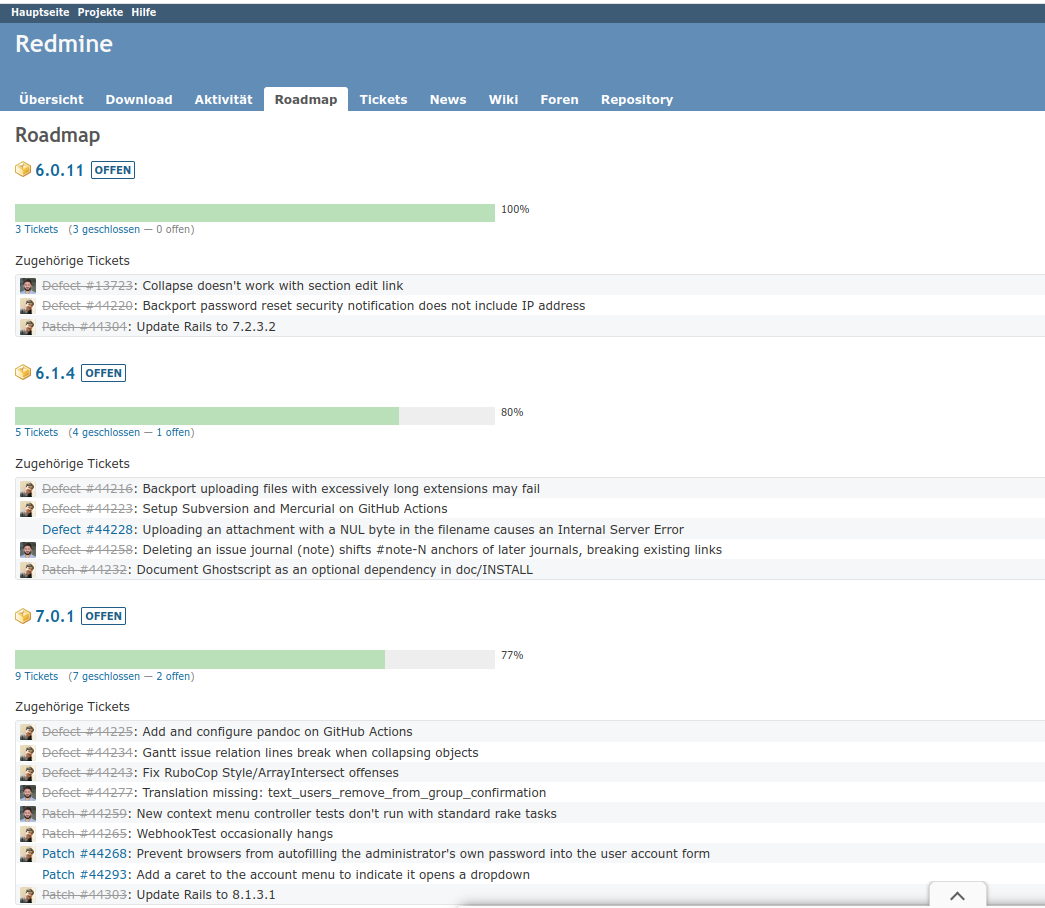 Screenshot von Redmine. Hier ist die Roadmap für die nächsten Redmine Releases dargestellt, Maintenace-Releases für die Versionen 6.0, 6.1 und 7.0 stehen oben in der Timeline.
